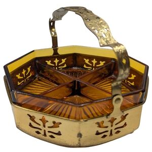 Vintage Farber Brothers Amber Divided Serving Dish In Brass Toned Caddy W Handle